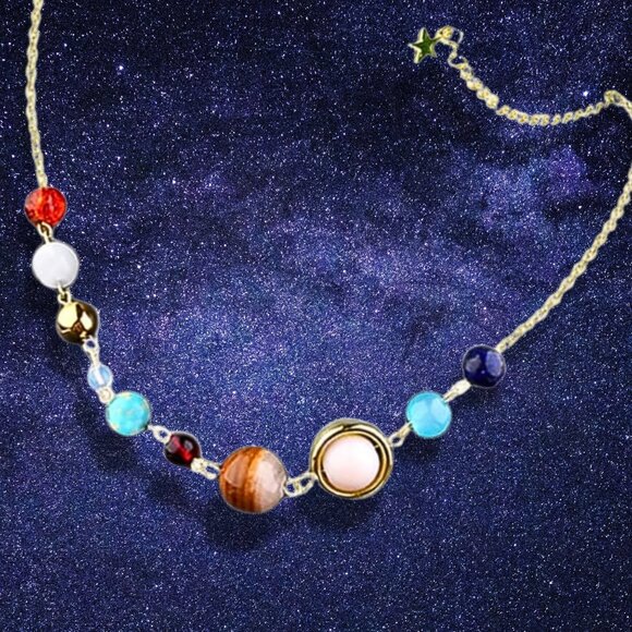 Solar System Space Aligned Planet Star Science Teacher Astronomy Necklace GOLD - Picture 2 of 4